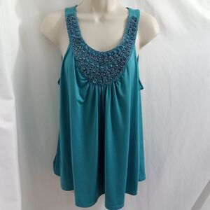 iz Byer Tank Beaded Blue Pleated‎ Women XL